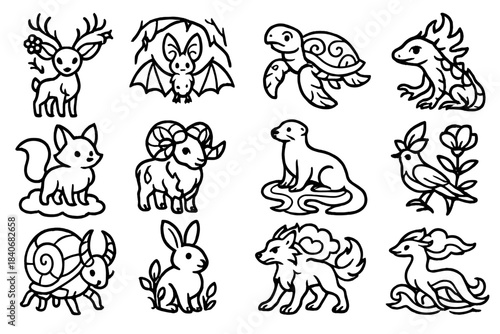 Mythical Creature Icons. Creative Fauna Worlds linear set: meadow sprite deer, cavern shimmer bat, tide-walker tortoise, ember-scale lizard, cloud-step fox, granite horn ram, frost