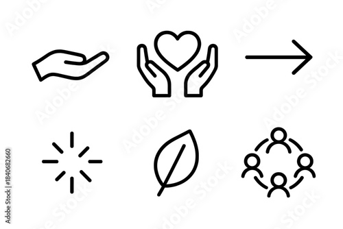 Generosity Icon Set. Generosity Mindset Icons linear set: open hand, shared heart, giving arrow, kindness spark, gratitude leaf, community circle.