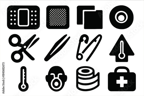 First-Aid Icon Set. First-Aid Accessories silhouette set: adhesive bandage tile, gauze pad node, antiseptic wipe bar, medical tape ring, scissors patch, tweezers panel, safety pin