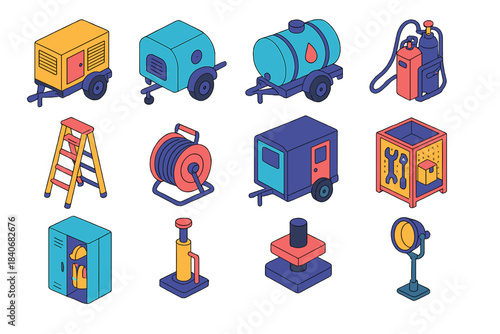 Heavy Industry Equipment Icons. Heavy Industry Support Systems isometric flat set: generator trailer, compressor unit, water tank bowser, welding station, industrial ladder, cable