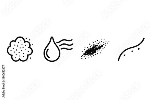Micro Pollutant Icons. Tiny Contaminant Flows linear set: micro-grain plume, pollutant wisp droplet, subtle residue strand.
