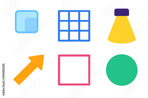 Minimalistic Icon Collection. Clarity Concepts flat set: transparent layer, simple grid, spotlight beam, guiding arrow, clean frame, defined shape.