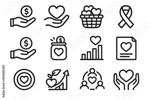Charitable Icons Series. Charitable Giving Concepts linear set: open-hand donation, generosity heart, shared resources basket, support ribbon, contribution token, fund collection