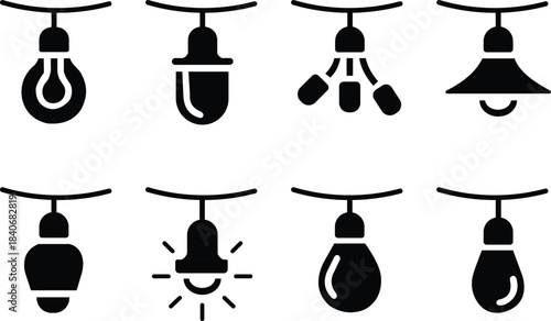 Collection of various hanging light bulb and string light vector icons black silhouette