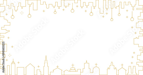 Elegant gold outline Christmas city frame illustration featuring hanging ornaments, decorative festive sparkles and minimalist skyline border in a premium thin-line vector style