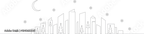 Minimalist winter city skyline illustration with snowflakes, thin-line buildings, crescent moon and modern seasonal outline style for premium vector designs
