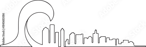 Continuous Line Skyline Designed as a Rising Wave Minimal Artistic Illustration