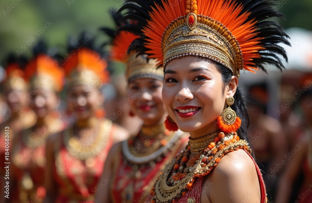 Fototapeta premium Asian women in traditional bright feathered headdresses and beaded necklaces participate in vibrant festival celebration. They wear ornate costumes in tropical outdoor setting with rich green foliage.