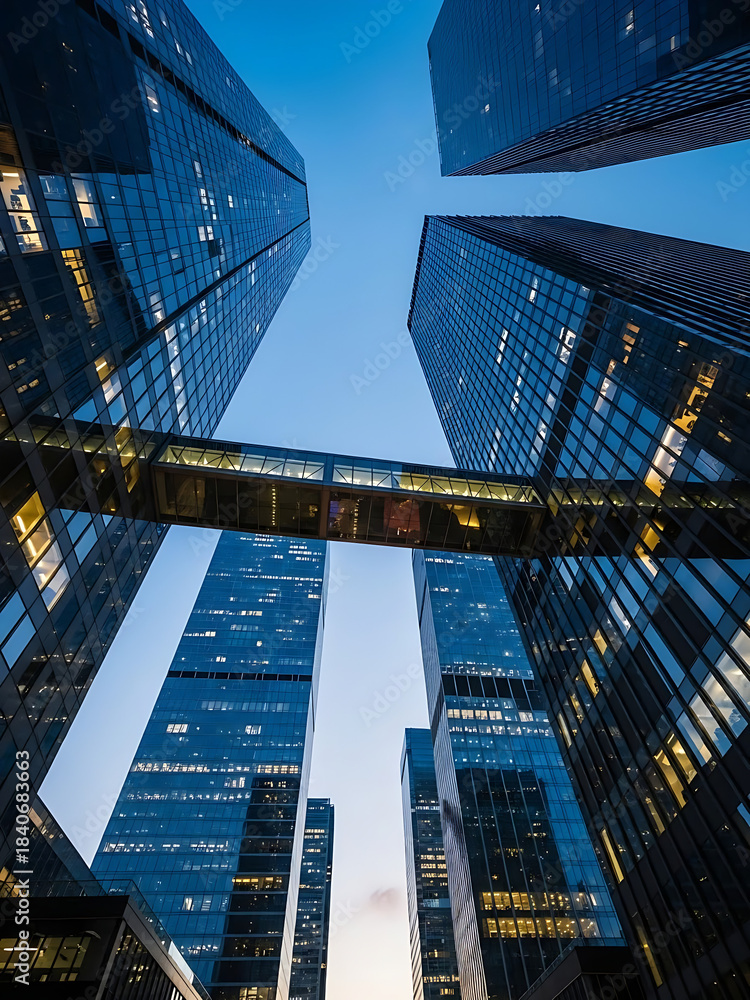 Fototapeta premium Dramatic low angle view of modern skyscrapers and a railway track converging towards the horizon