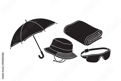 Black and white illustration of outdoor accessories for protection and comfort