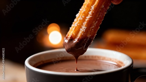 a single churro dipped in hot chocolate held over a cup