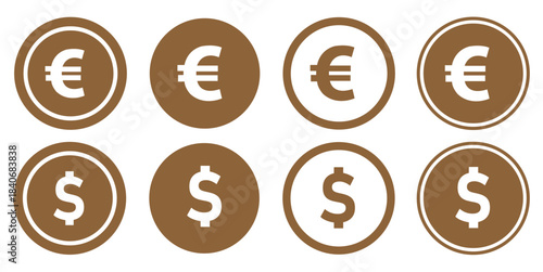 Set of euro currency icon symbol. Popular international currency sign isolated on transparent background. Euro money coins icon signs. Vector illustratio