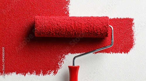 Red paint roller creating a vibrant stripe on a white wall.