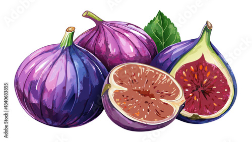 Very beautiful hand-painted watercolor portrait of ripe purple figs with smooth textures and gentle shading. Ideal for botanical vector themes, gourmet food illustrations, and elegant natural product 
