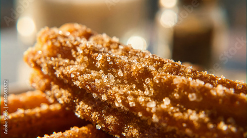 Macro shot of churro ridges with glistening sugar crystals