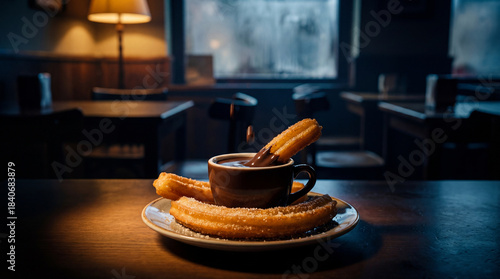porras on a small plate with a demitasse of thick chocolate