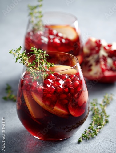 Winter sangria in elegant glass with pomegranate, apple, and thyme for festive gatherings