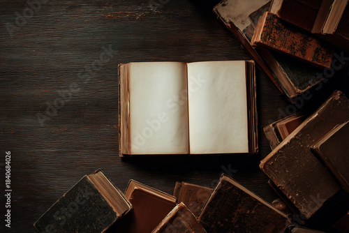 Antique books on dark wooden table