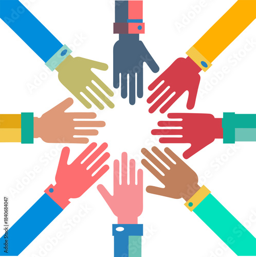 Diversity and Teamwork Concept, Circle of Colorful Hands Joining Together Vector Illustration