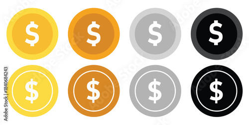Set of currency symbols dollar, euro, pound, yen, won, rupee, franc, bitcoin, lira, ruble icon vector. Popular international currency sign isolated on transparent background. Vector illustration