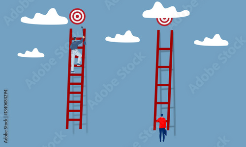 Business Competition and Career Race Concept, Two Men Climbing Ladders to Targets in Clouds