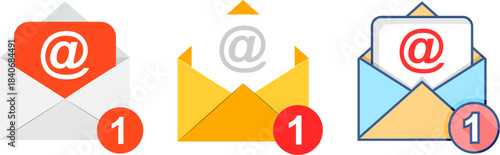 New Message Email Notification Icon Set, Envelope with Red Alert Badge Vector Collection