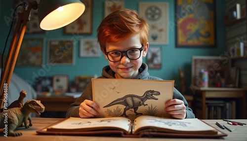 Young boy reading dinosaur book with joyful expression indoors  