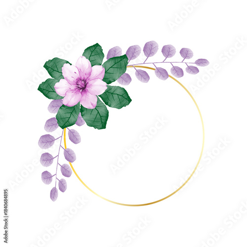 Watercolor floral wreath with pink and purple flowers, delicate leaves, isolated on a transparent background