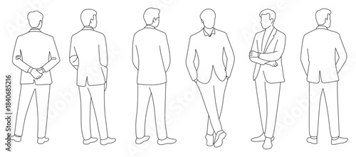 Line art illustration of six men in suits displaying various poses