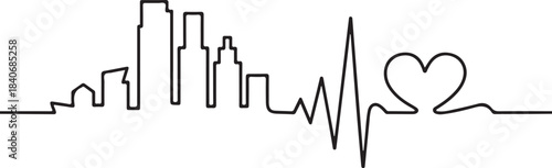 Continuous Line Skyline Transforming into a Heartbeat Line with Smooth Transition Artistic Illustration