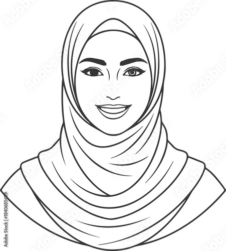 Black and white line drawing of a smiling woman wearing a hijab