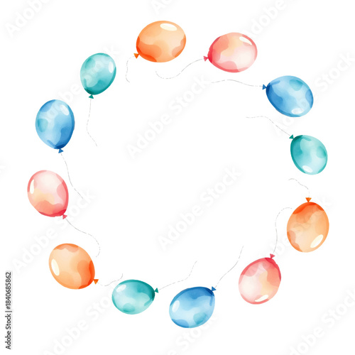 Festive frame with a circle of balloons, Round frame with hand-drawn festive bows. Arranged in a circle for stickers, banners, cards.
