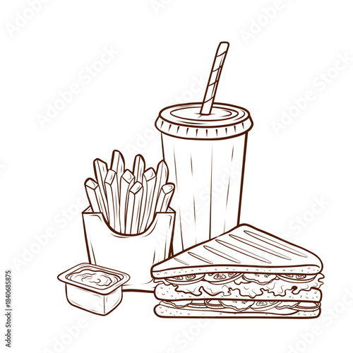 An image of a fast food set, including a sandwich, fries, sauce, and a drink. Vector line illustration in an engraving style. Suitable for menus, banners, advertising layouts, corporate identity, and