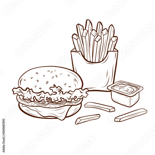 A burger with lettuce, fries, and sauce in a plastic container. This vector line illustration features an engraving style with clean lines. Suitable for menus, banners, packaging, advertising layouts