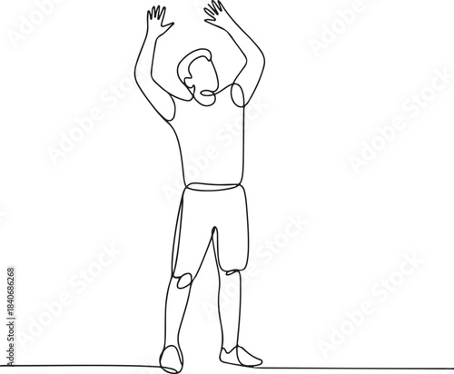 Continuous line art illustration of a setter raising hands for an overhead set in minimal contour drawing