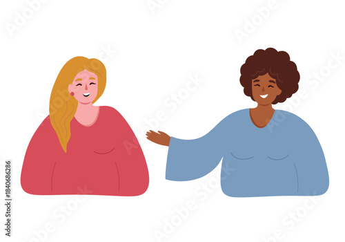 Two women are chatting, communicating, and smiling. Friends are spending time together, looking at each other. Vector flat graphics.