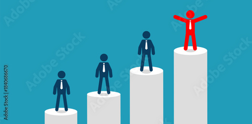Business Growth and Success Concept, Red Leader Figure Celebrating on Top of Rising Steps