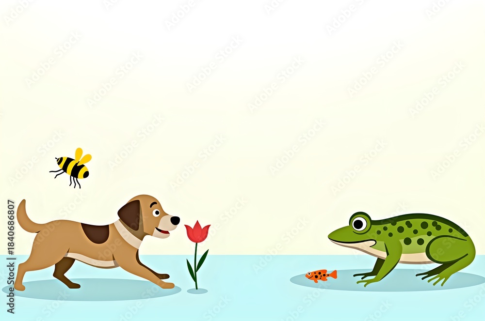 Obraz premium Dog, Frog, Bee, Fish: Whimsical Animal Illustration