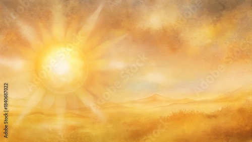 Shining desert landscape golden beige orange tones hot sun sky rays light illuminating sand dunes watercolor texture background