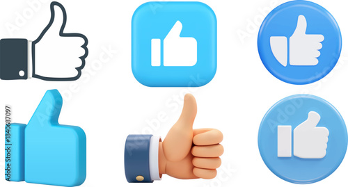 3D and Flat Thumbs Up Icon Set, Blue Social Media Like Buttons and Hand Gestures Collection