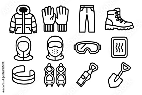 Winter Safety Gear Icons. Winter Outdoor Safety Gear Set linear set: insulated parka, thermal gloves, snowproof pants, traction boots, windproof hood, frost mask, ski goggles, heat
