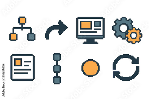 Pixel Art Workflow Icons. Digital Workflow Systems Icons Set pixel style set: process nodes, flow arrows, dashboard screen, gear sync, task card, data stream, timeline dot,
