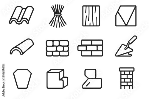 Roofing and Masonry Icons. Roof & Masonry Set linear set: curved clay tile, straw thatch bundle, cedar shingle, slate panel, ridge tile, stone block row, brick course, mortar