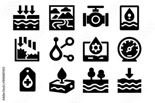 Hydrologic Security Icons. Hydrologic Security Models silhouette set: aquifer safeguard icon, watershed stability tile, flow protection valve, drought forecast bar, contamination