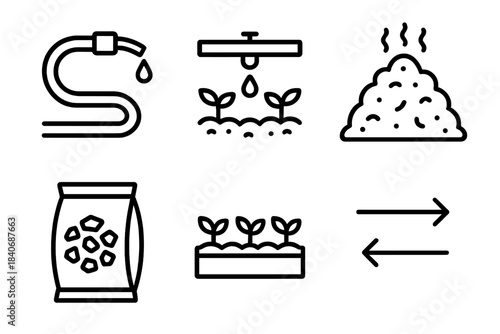 Efficient Garden Tools. Efficient Garden Care linear set: irrigation hose, drip line icon, compost heap, mulch bag, tidy bed outline, maintenance arrows.