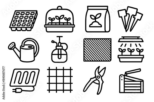 Greenhouse Essentials Icons. Greenhouse Supplies linear set: seedling trays, humidity dome, potting soil bag, plant labels, watering can, spray mister, shade cloth, grow lights,