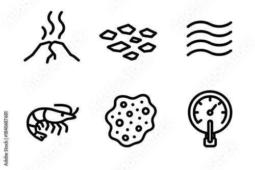 Underwater Micro Environments. Vent-Driven Micro Environments linear set: fissure outlet, mineral flake field, warm gradient zone, small crustacean silhouette, microbial film patch