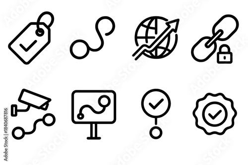 Supply Chain Icons. Trustworthy Supply Routes linear set: validated batch tag, open-path indicator, responsible sourcing arrow, secure-chain link, monitored passage icon, integrity