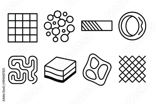 Functional Design Icons. Functional Material Topologies linear set: lattice-structure tile, porous matrix node, gradient-density bar, adaptive surface ring, microchannel flow