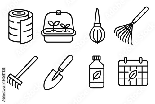 Gardening Tools Icons. Seasonal gardening essentials linear set: insulating wrap, germination dome, deep-watering spike, leaf collector, soil rake, repotting trowel, plant tonic,